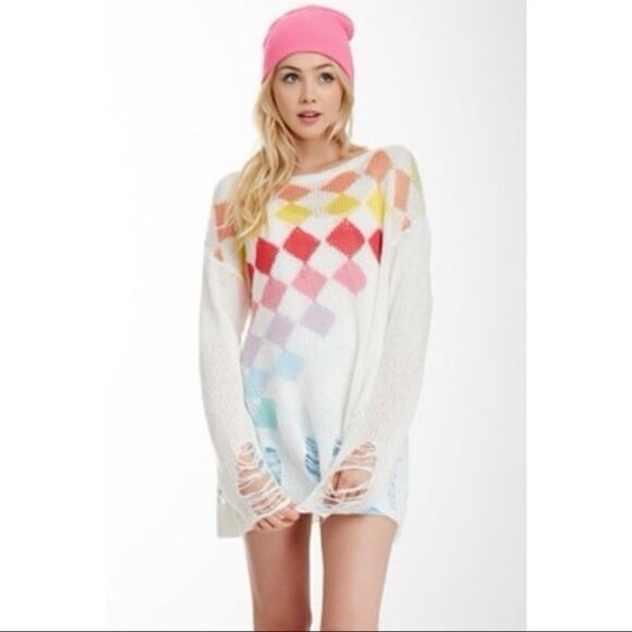 WildFox Rainbow Check Lennon Super Oversize Sweater Size S (Fit M,L) - Picture 1 of 11